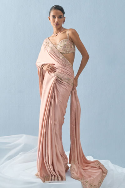 Nude pink sequin embroidered sari set