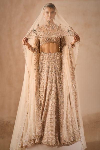 Beige nude sequin-bead embroidered lehenga set