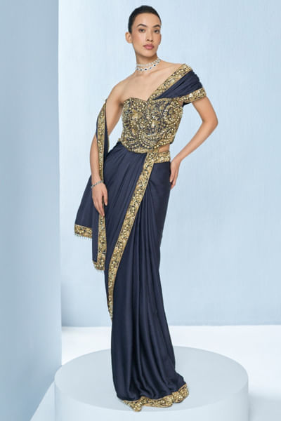 Midnight blue embroidered corset and sari set