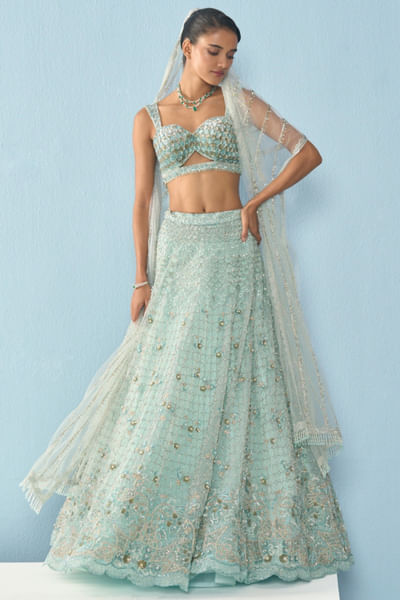Aqua blue embroidered lehenga set