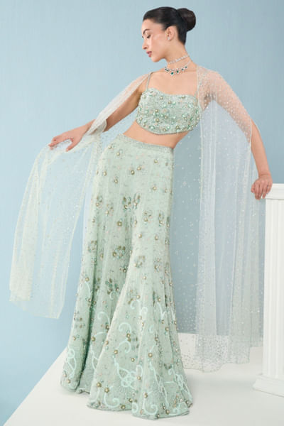 Sea green embroidered cape and sharara set
