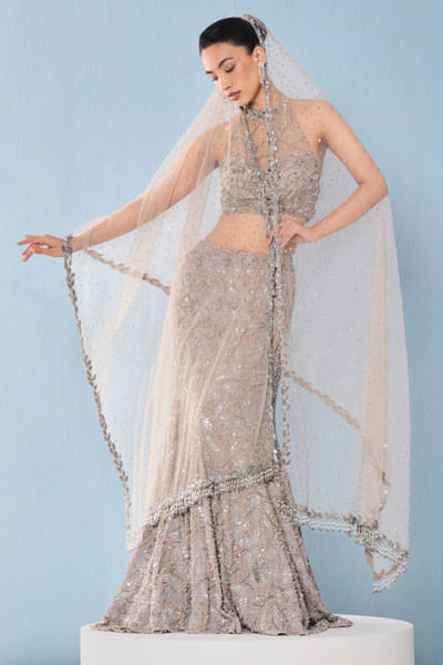 Grey 3D floral embellished lehenga set