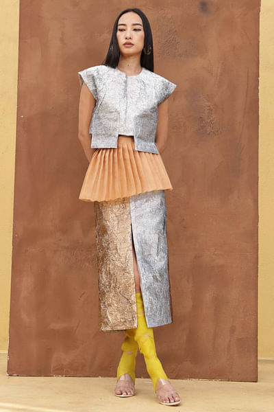 Silver bronze boxy top and belted skirt set