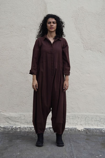 Brown handwoven cotton jumpsuit