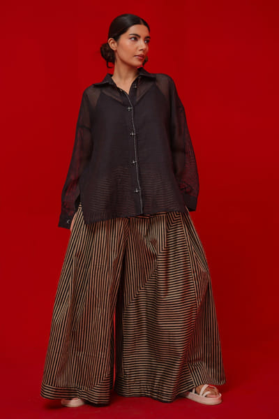 Stoïque Beige and black stripe block printed trousers STOÏMAY26D144706