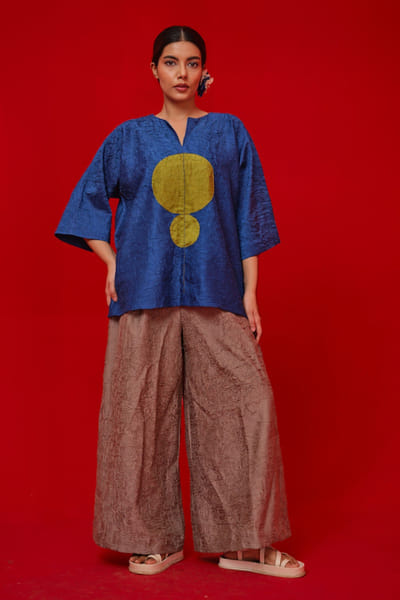 Stoïque Blue and leaf green kantha appliqué top STOÏMAY26D144717