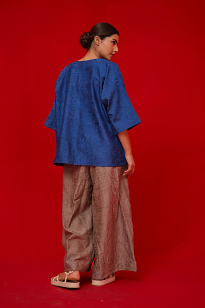 Stoïque Blue and leaf green kantha appliqué top STOÏMAY26D144717
