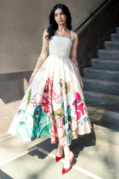 Ivory abstract floral printed midi dress