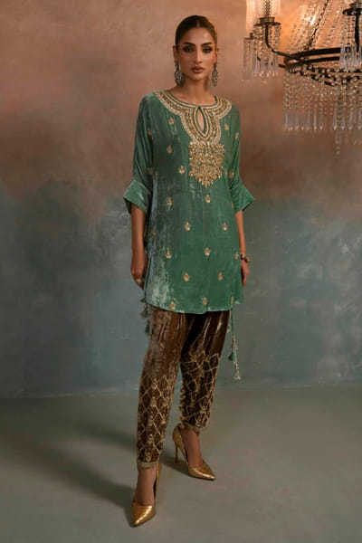 Khushboo & Pankaj Aqua and bronze gold embroidered co-ord set KHUSAPR26D142865