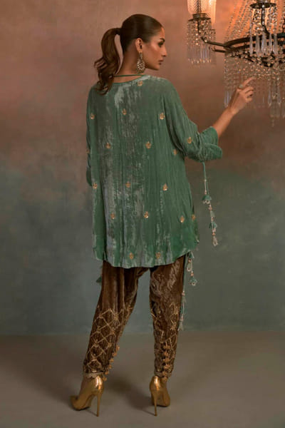 Khushboo & Pankaj Aqua and bronze gold embroidered co-ord set KHUSAPR26D142865