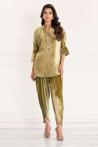 Khushboo & Pankaj Golden olive embellished velvet co-ord set KHUSAPR26D142866