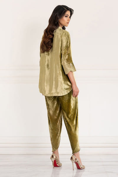 Khushboo & Pankaj Golden olive embellished velvet co-ord set KHUSAPR26D142866