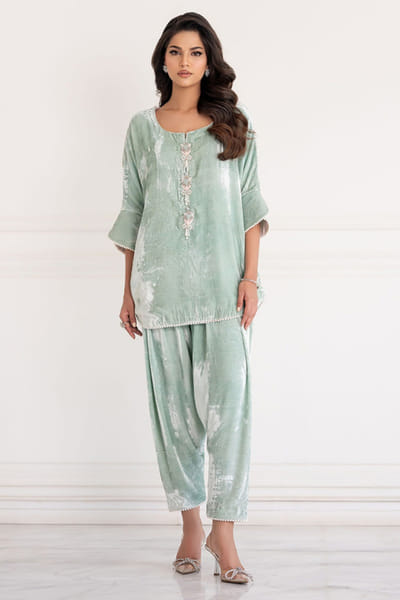 Khushboo & Pankaj Ice blue embroidered velvet co-ord set KHUSAPR26D142873