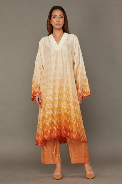 Orange shibori hand dyed ombre kurta set