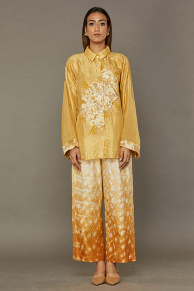 Orange shibori hand-dyed ombre pants