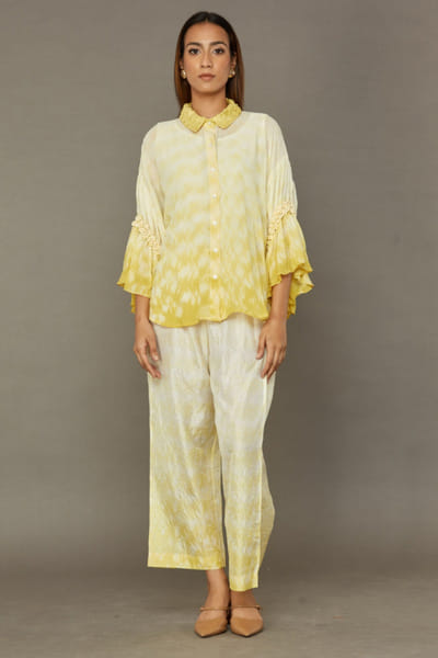 Yellow shibori hand-dyed ombre shirt