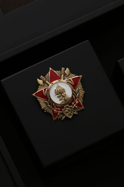 Red and antique gold brooch