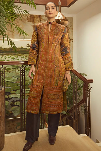 Olive and charcoal printed coat