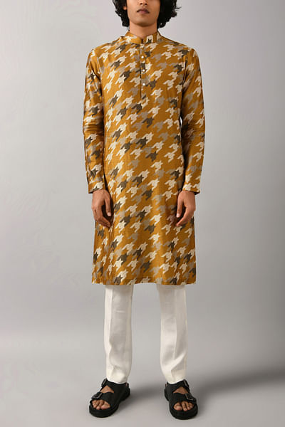 Mustard houndstooth printed kurta