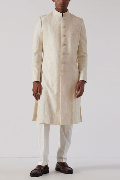 Ivory tussar silk embroidered sherwani