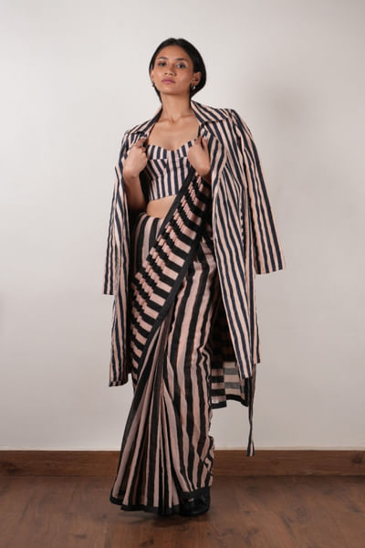 Pink black stripe block print jacket-sari set