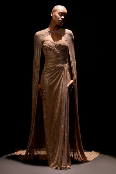 Nude crystal draped gown set