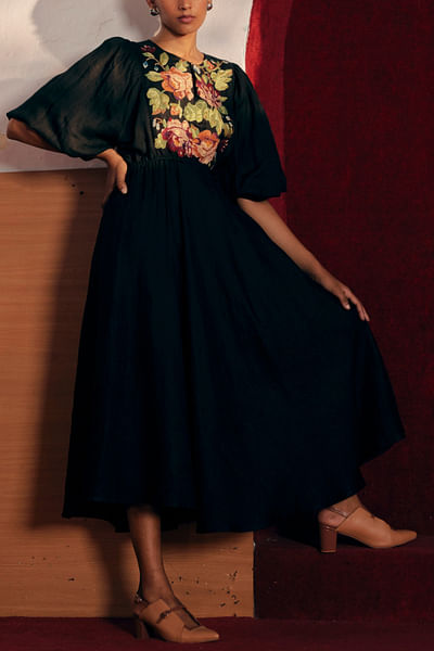 Black embroidered linen dress