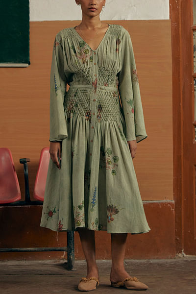 Botanical green linen dress