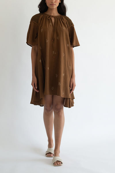 Brown block printed dress