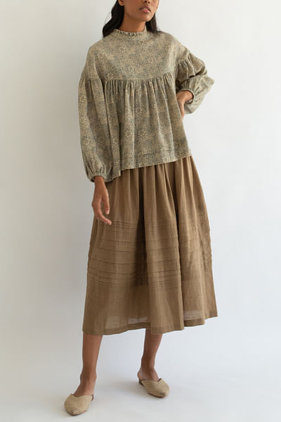Khaki brown skirt and printed top