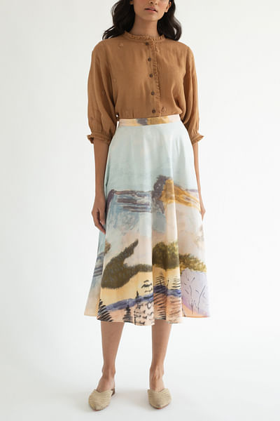 Brown cotton shirt and printed skirt