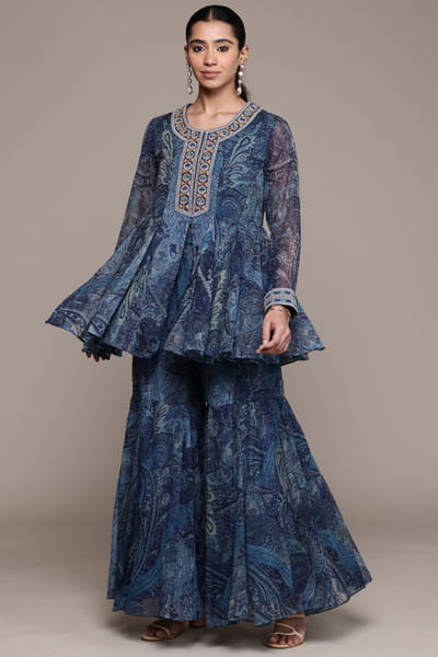 Blue paisley printed kurta sharara set