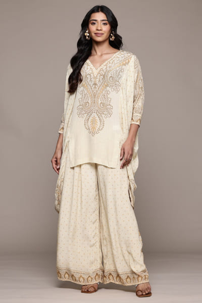 Beige printed high-low kurta set
