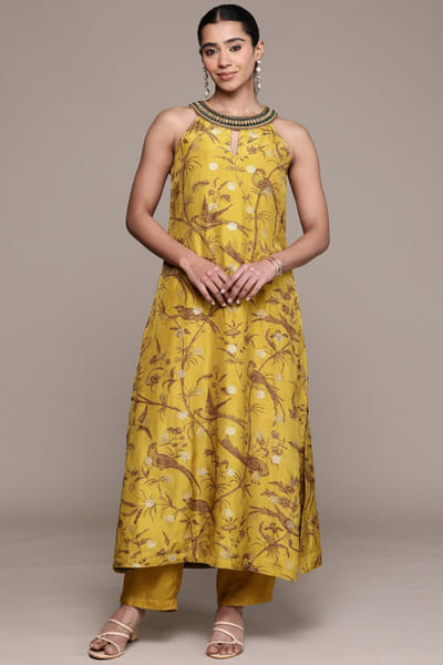 Mustard botanic printed kurta and palazzo set