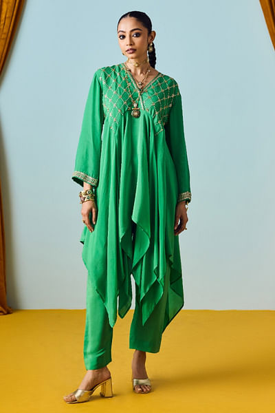 Green asymmetric kurta set