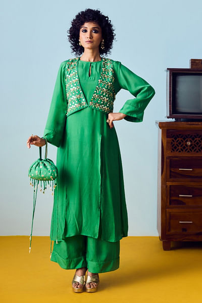 Green embroidered jacket kurta set