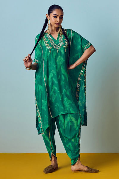 Sea green embroidered kaftan set