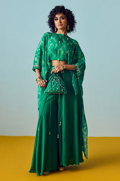 Sea green embroidered high low top and palazzo
