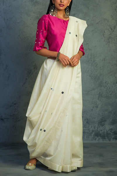 Off-white chanderi sari and crop top