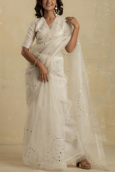 Pearl white organza sari set
