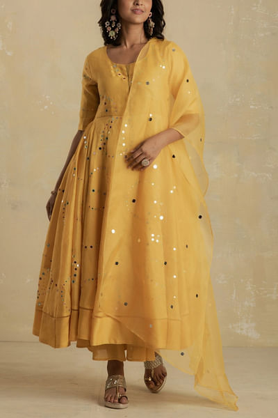 Yellow chanderi anarkali set