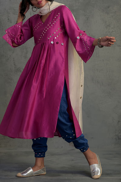 Bright pink and blue chanderi kurta set