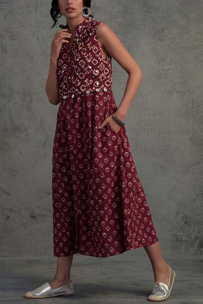 Maroon block printed cotton dress