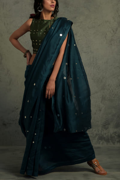Teal blue embellished sari set