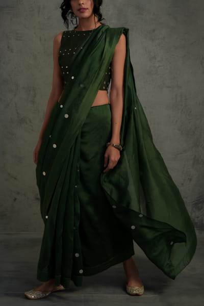 Bottle green embellished sari set