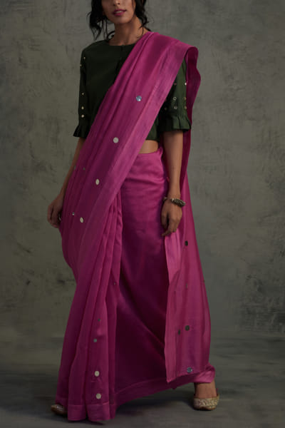 Bright pink chanderi sari set
