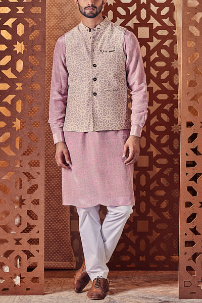 Beige printed Nehru jacket