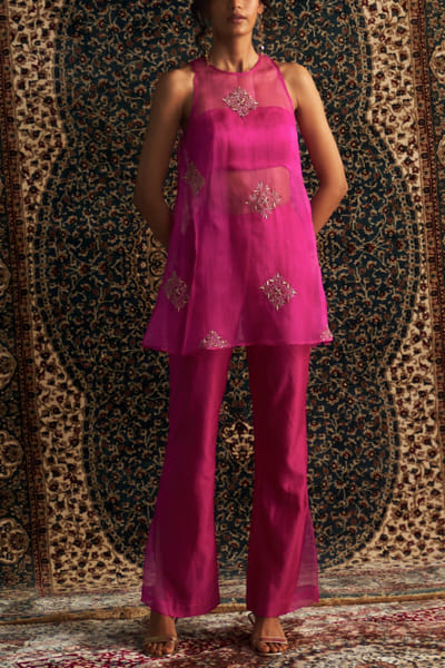 Rani pink dabka embroidered sheer kurta set
