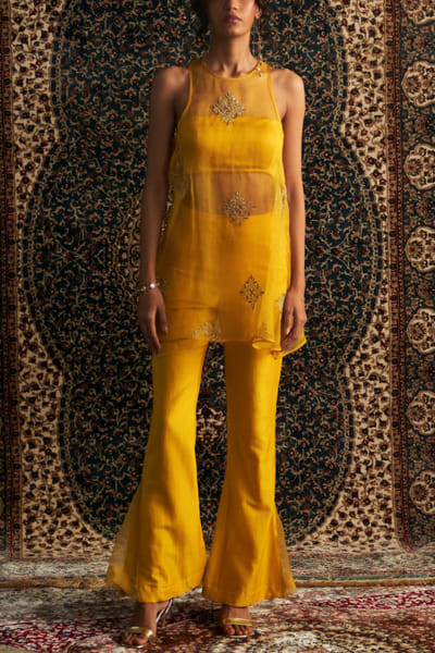 Marigold dabka embroidered sheer kurta set