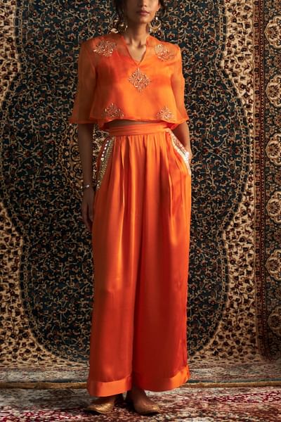 Orange dabka embroidered co-ord set